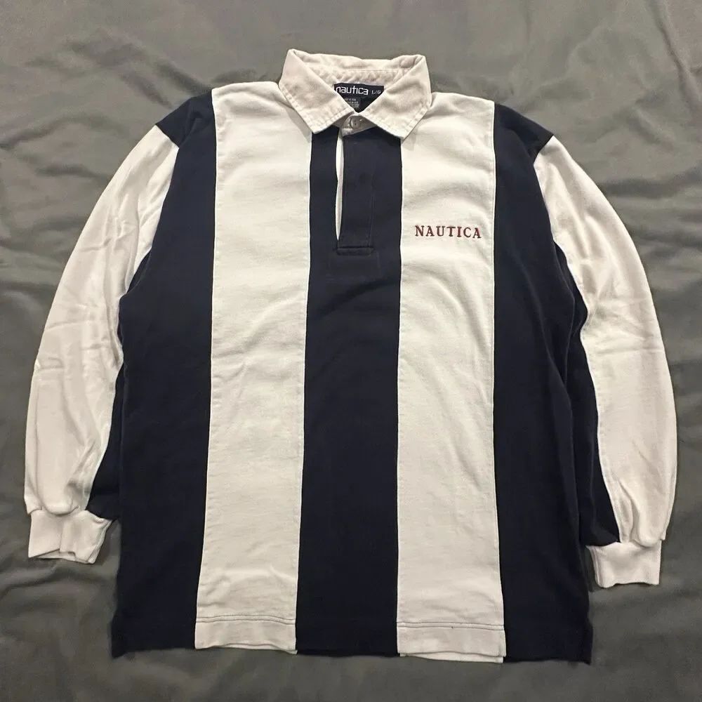 Vintage 90s Nautica Rugby Shirt Mens L Vertical Stripe Long Sleeve Polo Navy 00s